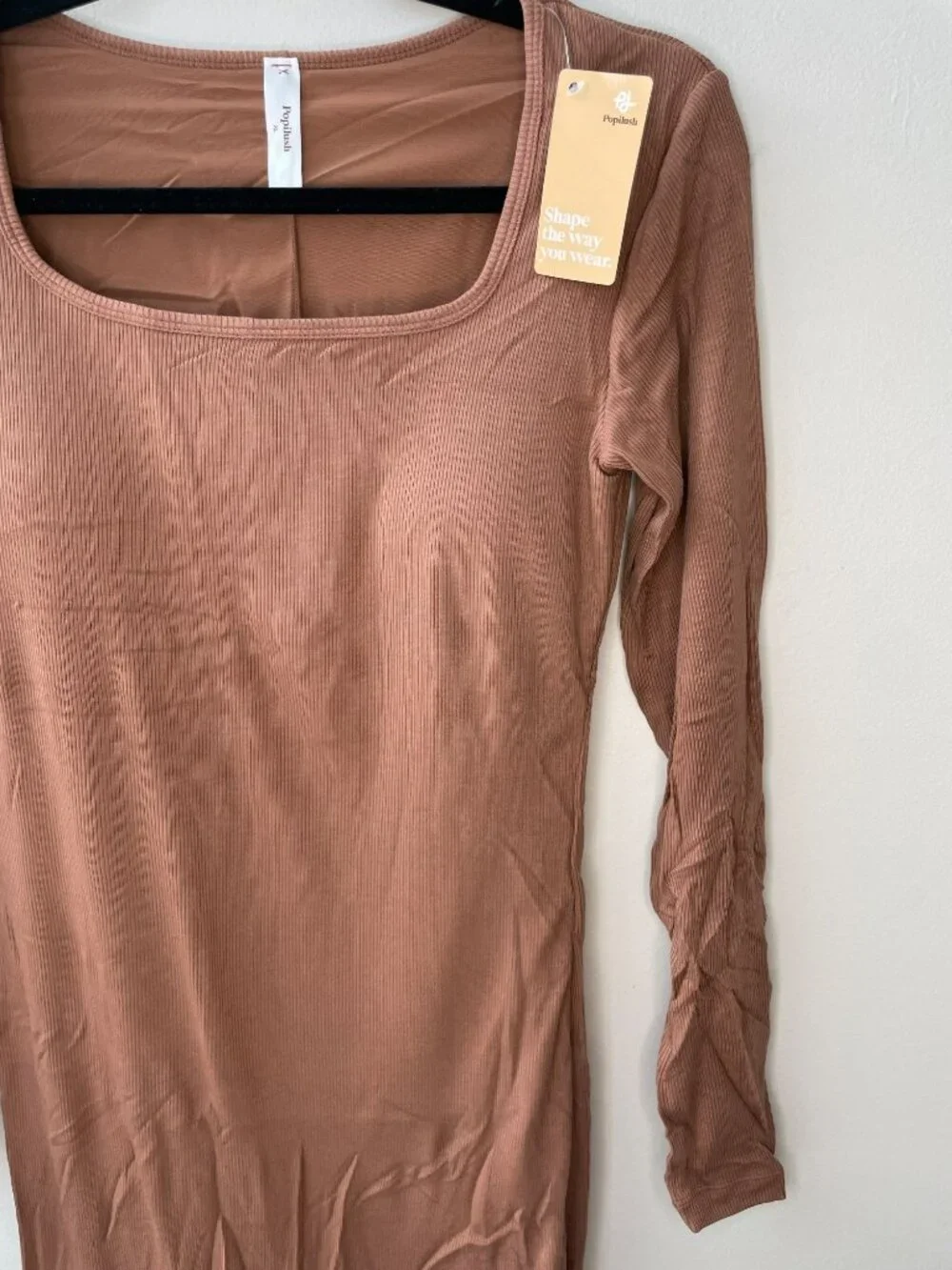 Popilush Built-In Bra Shapewear Brown Ribbed Midi Dress Built-in-Shorts Sz XL NW - Picture 3 of 8